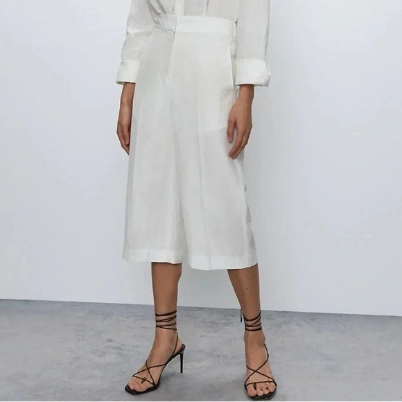 Aritzia Babaton Tahoma Pant High rise Linen Culottes Wide Leg Crop Trouser White - Picture 1 of 16